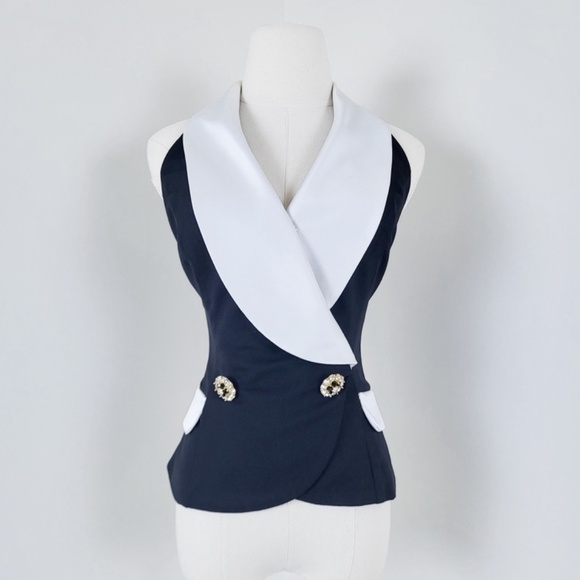 90's Waistcoat Black & White formal double breasted lapel V-neck plunge neckline - Picture 8 of 16